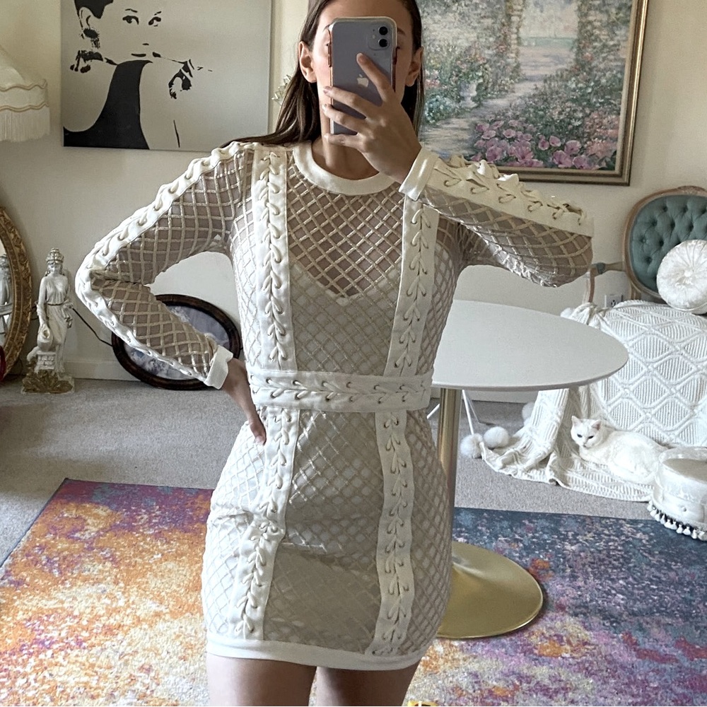BEBE Shannon Lace Up White Gold Dress Sz 4